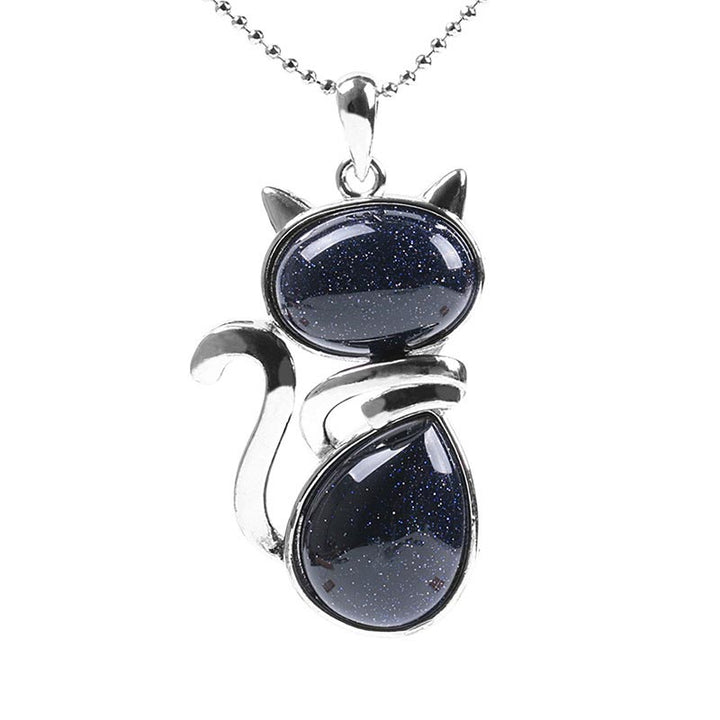 Buddha Stones Cat Pattern Natural Crystal Protection Necklace Pendant - Blue Sandstone - image 20