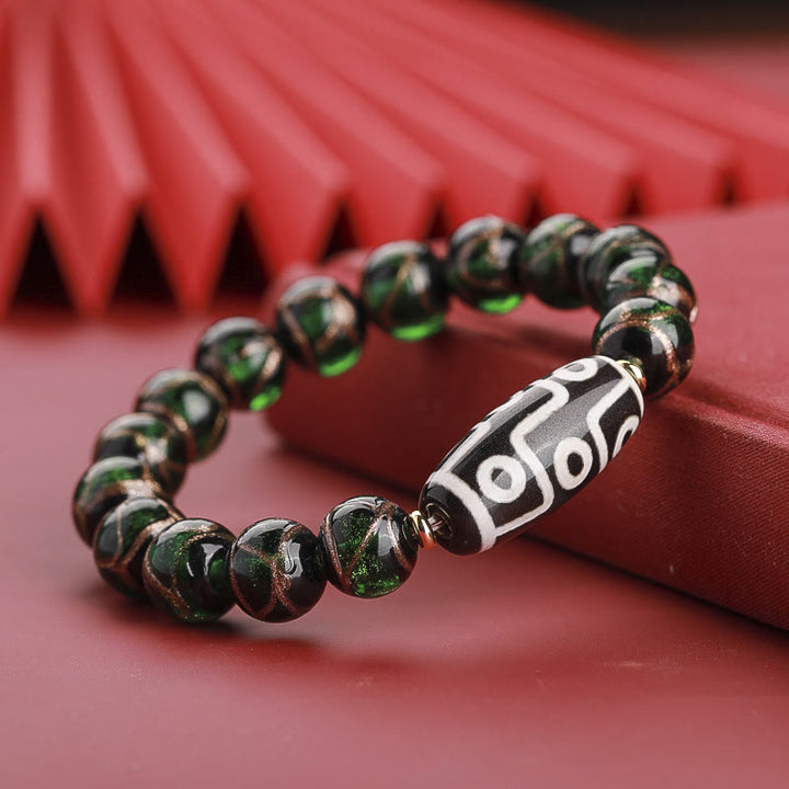 Buddha Stones Tibetan Nine-Eye Dzi Bead Three-eyed Dzi Bead Liuli Glass Bead Wealth Bracelet - Nine-Eye Dzi Bead - Green Liuli Glass Bead - 14mm - image 6