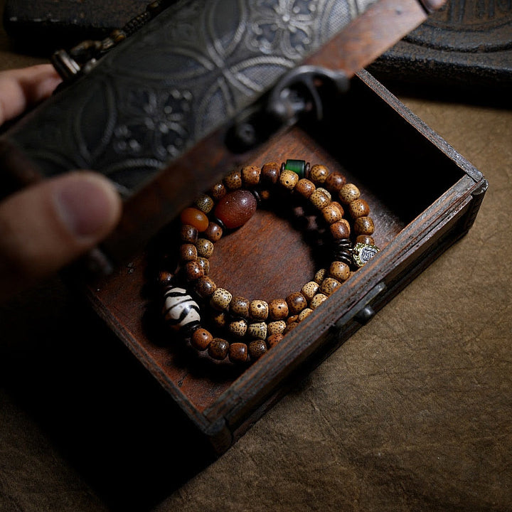 Buddha Stones Tibetan Bodhi Seed Amber Dzi Bead Agate Zakiram Goddess of Wealth Beads Triple Wrap Bracelet - image 15