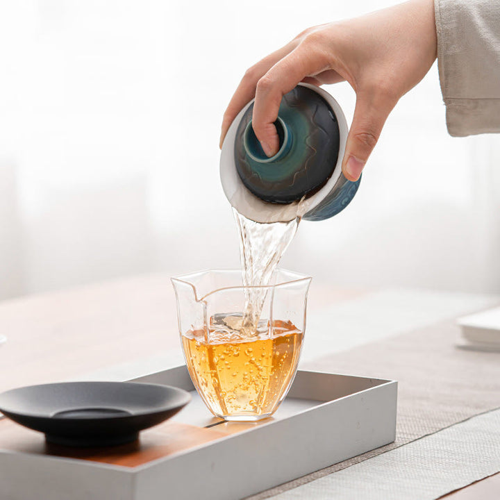 Buddha Stones Retro Blue Ocean Sea Waves Gradient Ceramic Gaiwan Sancai Teacup Kung Fu Tea Cup And Saucer With Lid - image 2