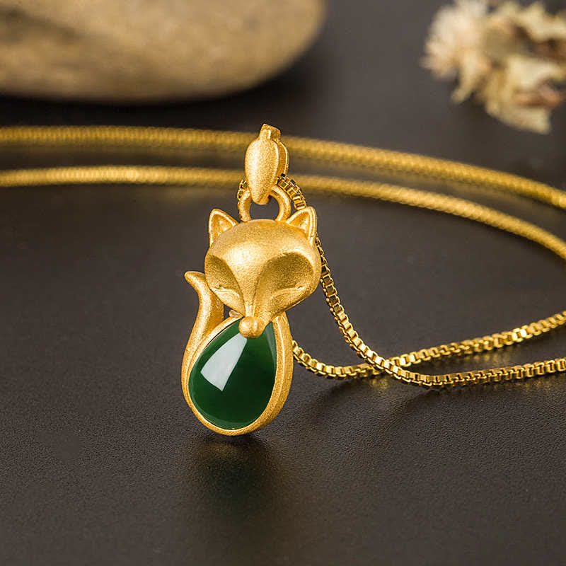 Buddha Stones Green Chalcedony Fox Pattern Courage Necklace Pendant - image 1