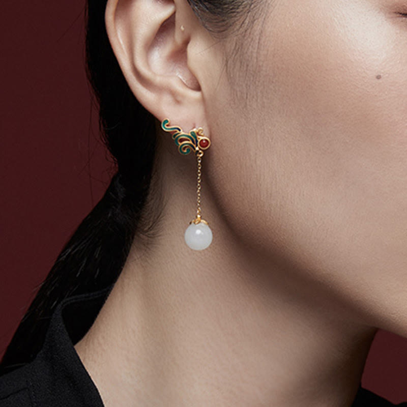 Buddha Stones Vintage White Jade Red Agate Bead Blessing Drop Dangle Earrings - image 5