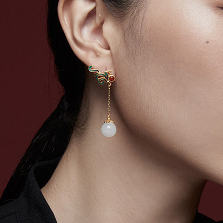 Buddha Stones Vintage White Jade Red Agate Bead Blessing Drop Dangle Earrings - image 5