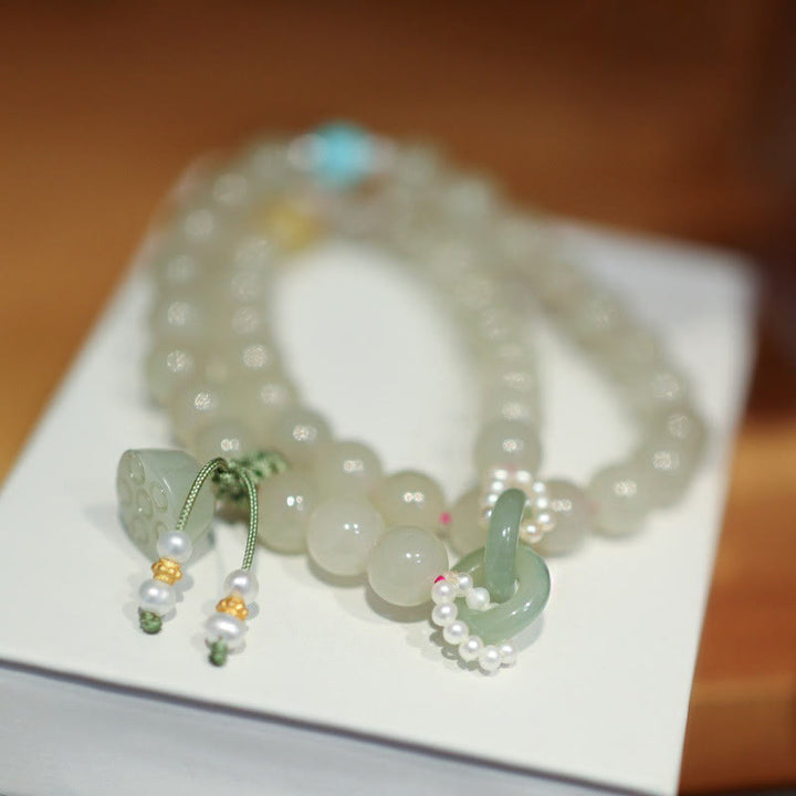 Buddha Stones 925 Sterling Silver Hetian Jade Double Peace Buckle Lotus Luck Double Wrap Bracelet - image 6