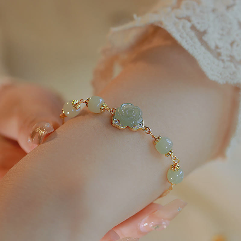 Buddha Stones 14K Gold Plated Hetian Jade Rose Flower Luck Chain Bracelet - image 4