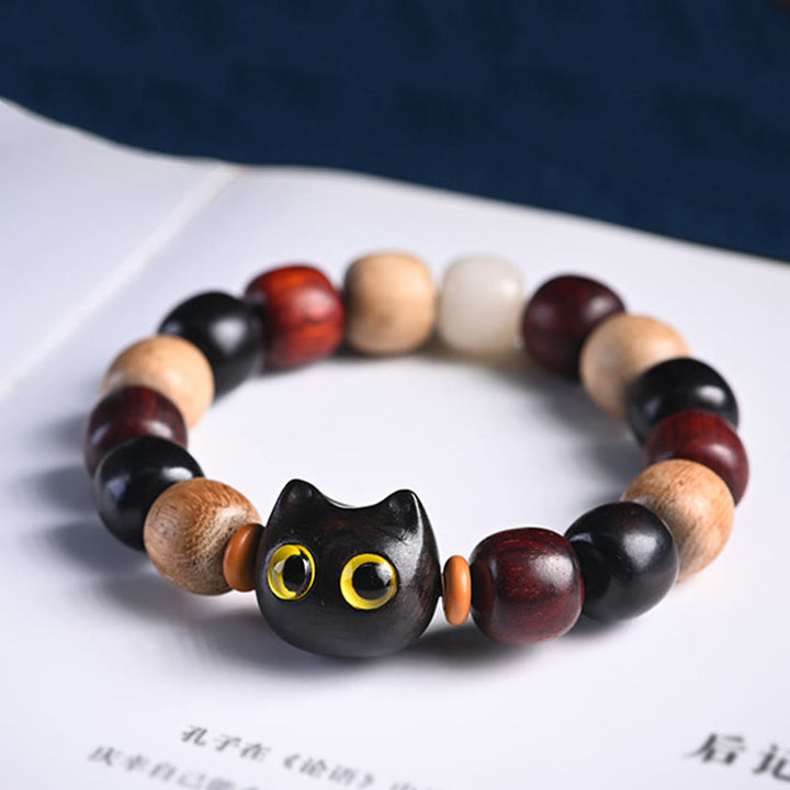 Buddha Stones Small Leaf Red Sandalwood Ebony Wood Cute Cat Engraved Protection Bracelet - image 4
