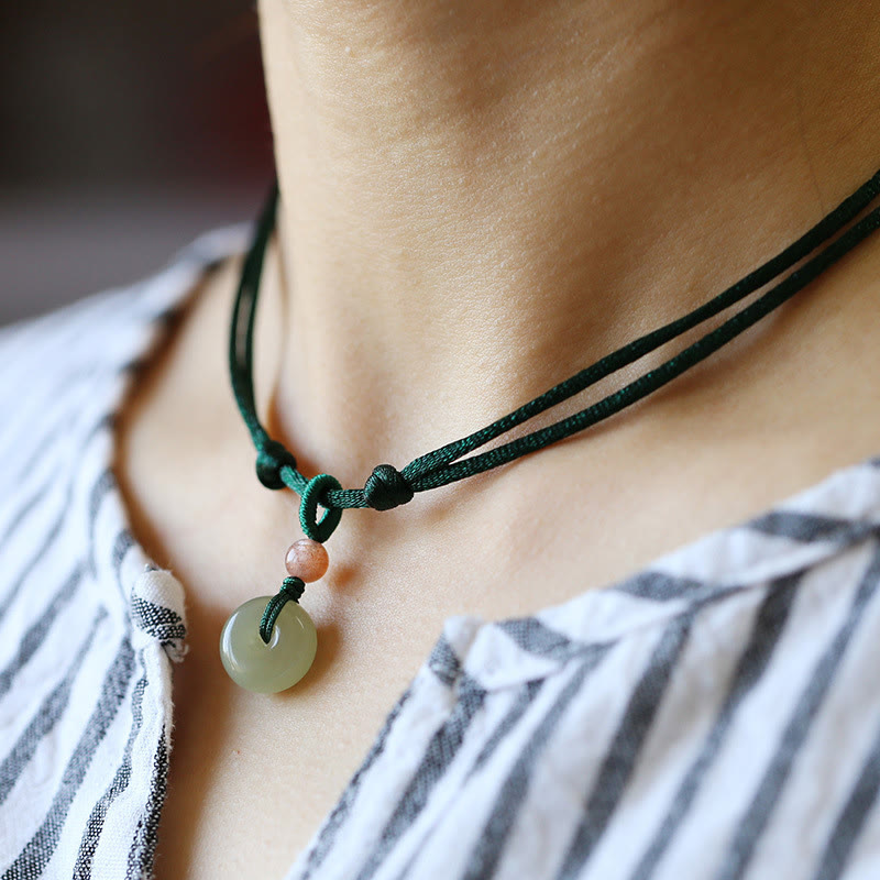 Buddha Stones Natural Round Jade Peace Buckle Lotus Abundance String Necklace Pendant - Green - Peace Buckle - image 1