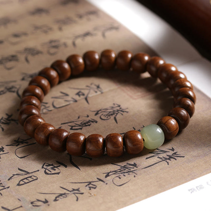 Buddha Stones Natural Abelia Biflora Wood Hetian Jade Bamboo Bead Warding Off Evil Spirits Bracelet - 6*8mm Abelia Biflora Wood&Hetian Jade Bead - 18cm - image 9