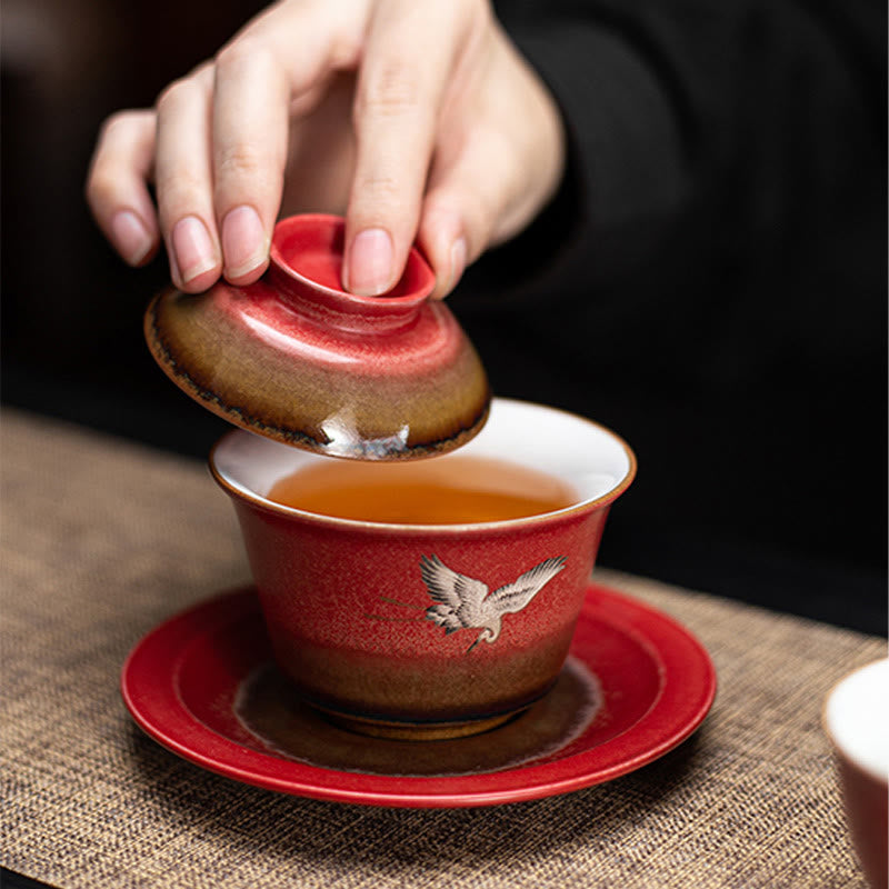 Buddha Stones Red Auspicious Crane Ceramic Gaiwan Sancai Teacup Kung Fu Tea Cup And Saucer With Lid - image 7