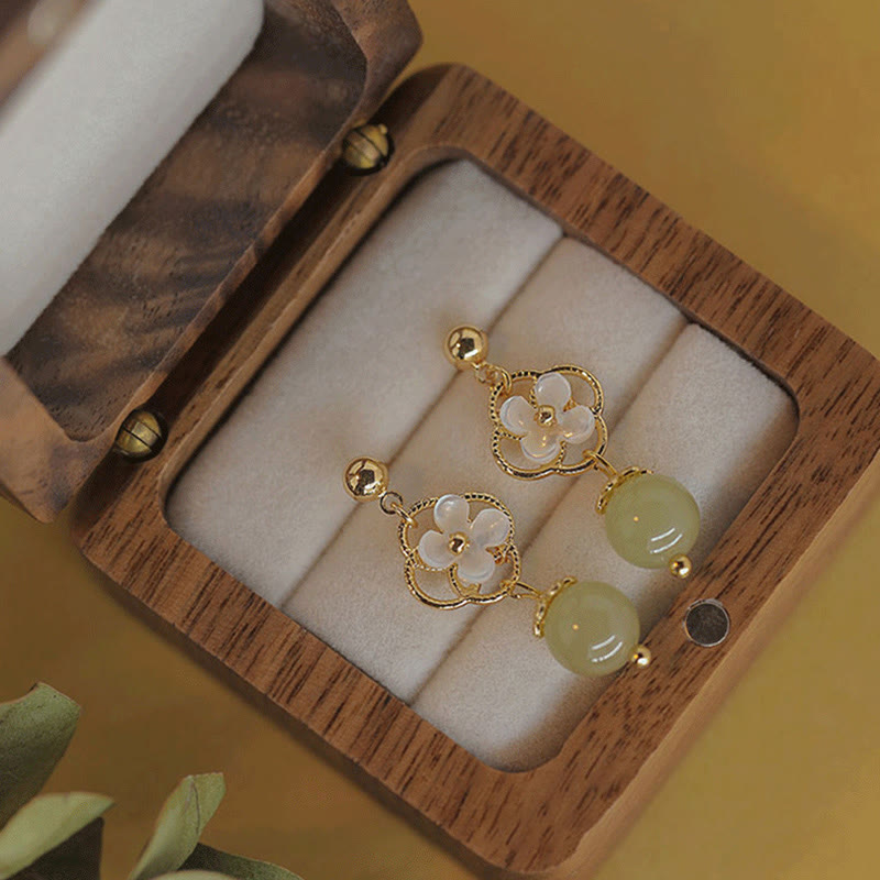Buddha Stones Tridacna Stone Flower Jade Bead Blessing Drop Earrings - image 4