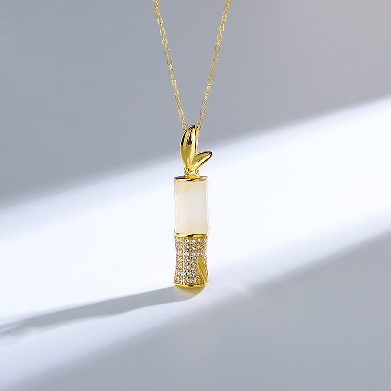 Buddha Stones 925 Sterling Silver Hetian White Jade Bamboo Happiness Necklace Pendant - image 2