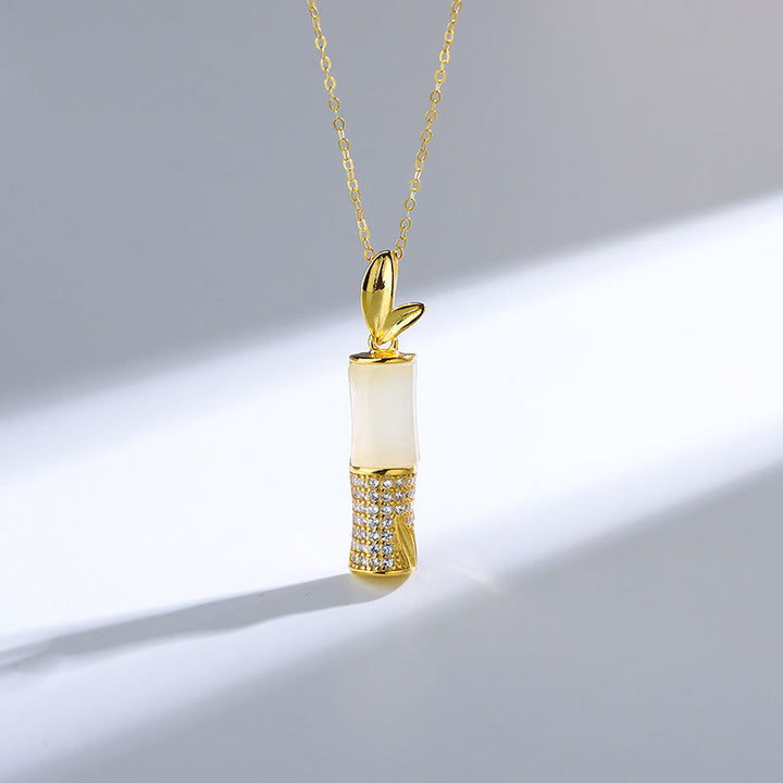 Buddha Stones 925 Sterling Silver Hetian White Jade Bamboo Happiness Necklace Pendant - image 2