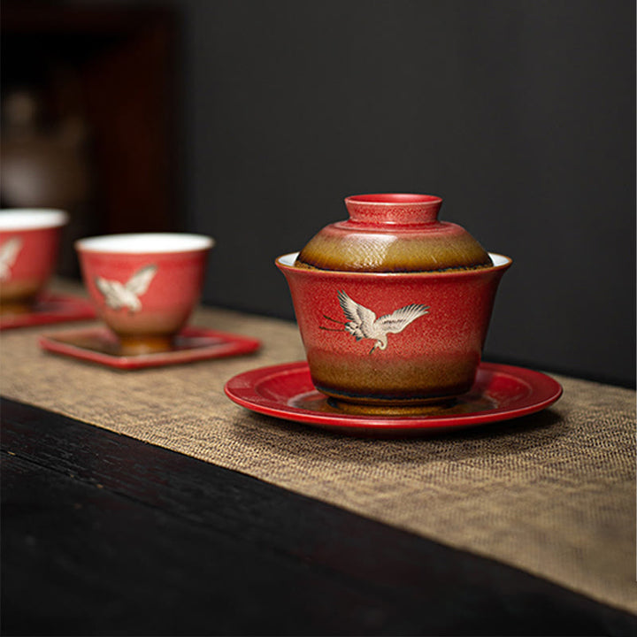 Buddha Stones Red Auspicious Crane Ceramic Gaiwan Sancai Teacup Kung Fu Tea Cup And Saucer With Lid - image 10