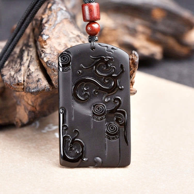 Buddha Stones Black Obsidian Dragon Phoenix Success Necklace Pendant - image 1