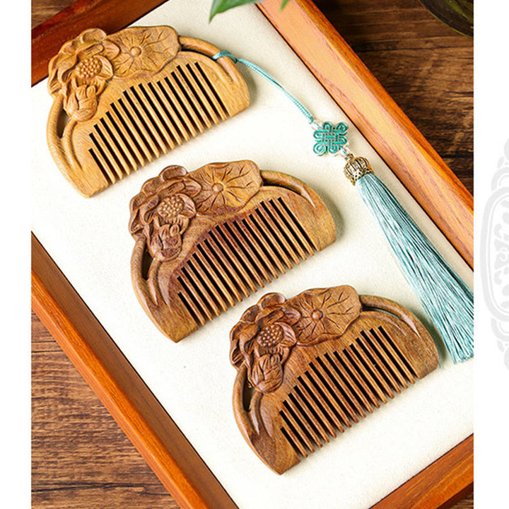 Natural Green Sandalwood Lotus Flower Leaf Engraved Soothing Comb - image 11