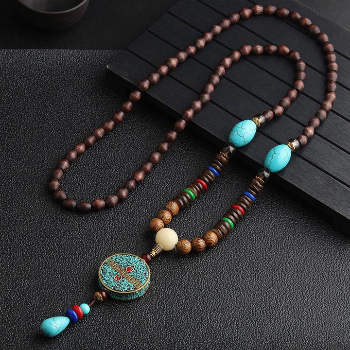 Buddha Stones Turquoise Dzi Bead Prayer Wheel Wenge Wood Meditation Necklace - Turquoise(Synthetic) - image 0