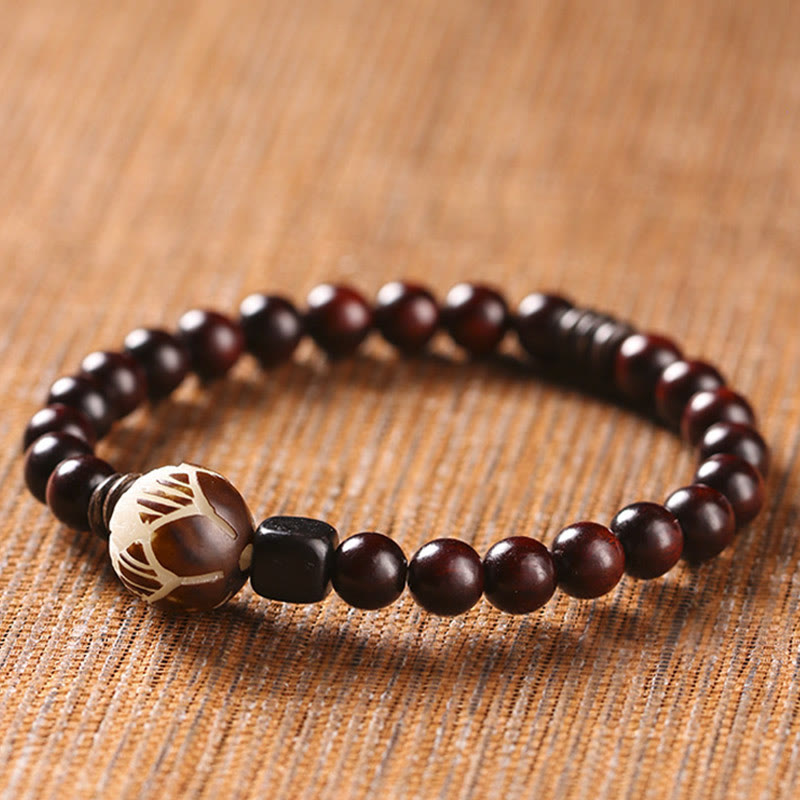 Buddha Stones Small Leaf Red Sandalwood Lotus Bodhi Seed Carved Protection Double Wrap Bracelet - image 6