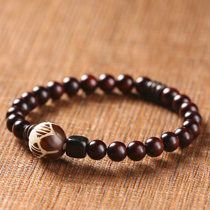 Buddha Stones Small Leaf Red Sandalwood Lotus Bodhi Seed Carved Protection Double Wrap Bracelet - image 6