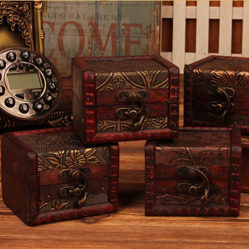 Buddha Stones Retro Small Square Wood Jewelry Box Lotus Grass Flower Grape Copper Coin Daffodil Jewelry Storage Box - image 23