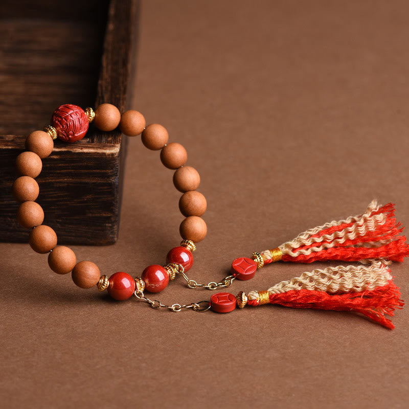 Buddha Stones Tibetan Natural Peach Wood Cinnabar PiXiu Wealth Tassels Bracelet - image 4
