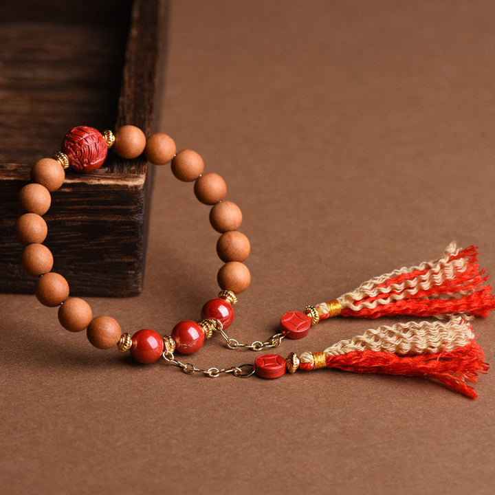 Buddha Stones Tibetan Natural Peach Wood Cinnabar PiXiu Wealth Tassels Bracelet - image 4