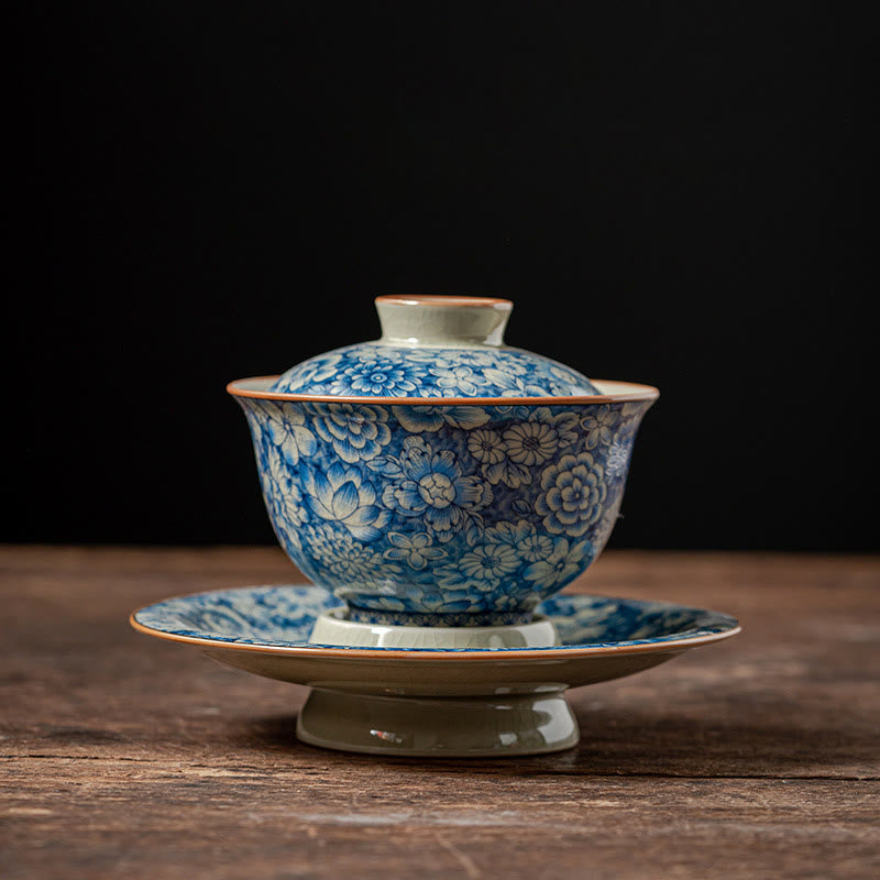 Buddha Stones Vintage Blue And White Porcelain Peach Blossom Lotus Peony Ceramic Gaiwan Sancai Teacup Kung Fu Tea Cup And Saucer With Lid - image 1