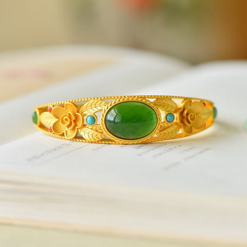 Buddha Stones Cyan Jade White Jade Flower Leaf Harmony Luck Bracelet Bangle - image 5