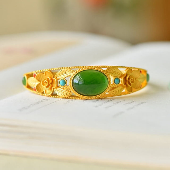 Buddha Stones Cyan Jade White Jade Flower Leaf Harmony Luck Bracelet Bangle - image 5