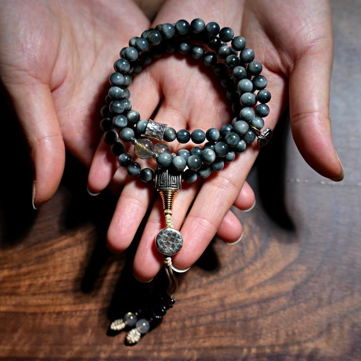 Buddha Stones 925 Sterling Silver 108 Mala Beads Eagle's Eye Stone Moonstone Positive Bracelet - image 2