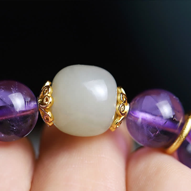 Buddha Stones Natural Amethyst Crystal Hetian Jade Healing Charm Bracelet - image 9