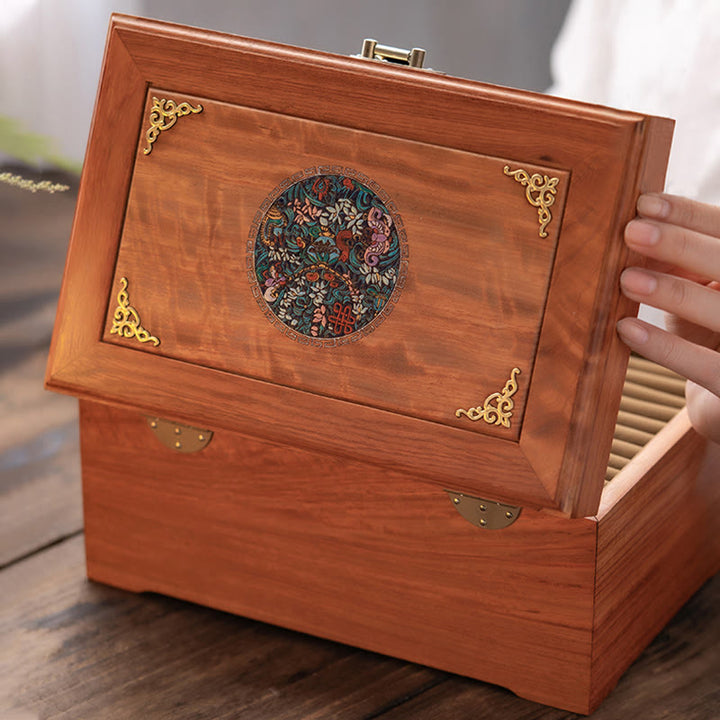 Antique Handmade Rosewood Jewelry Storage Box Lockable Large Double Layer Flower Wooden Gift Organizer Box - image 3