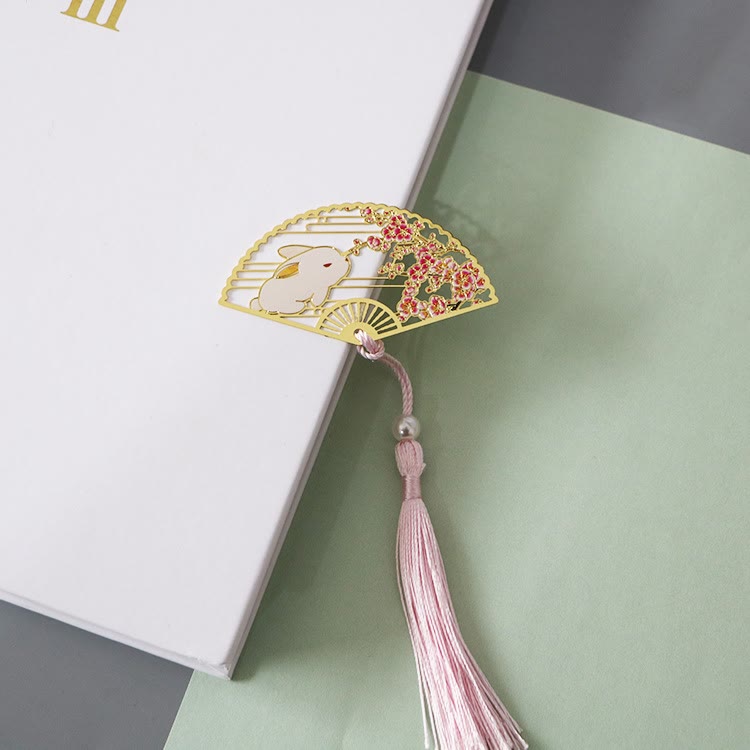 Buddha Stones Traditional Butterfly Lotus Flower Crane Dragon Phoenix Fox Koi Fish New Beginning Metal Brass Hollow Fan Bookmarks - Flower Rabbit - image 14