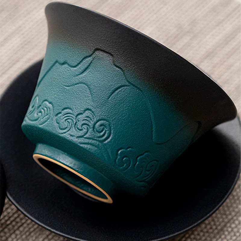 Buddha Stones Retro Blue Ocean Sea Waves Gradient Ceramic Gaiwan Sancai Teacup Kung Fu Tea Cup And Saucer With Lid - image 5