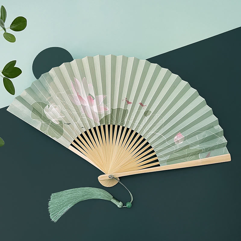 Buddha Stones Lotus Flowers Leaf Koi Fish Handheld Paper Bamboo Folding Fan - image 1