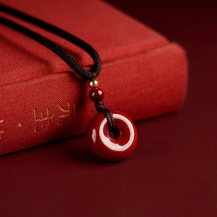 Buddha Stones Cinnabar Peace Buckle Calm Blessing Necklace Pendant - 15mm*7mm&Rope - image 1