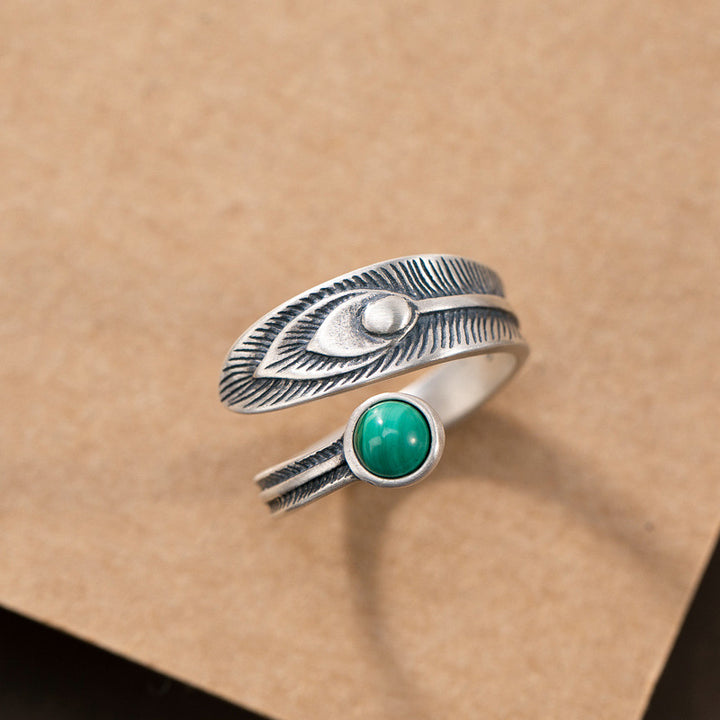 Buddha Stones 925 Sterling Silver Malachite Bead Feather Protection Ring - image 5