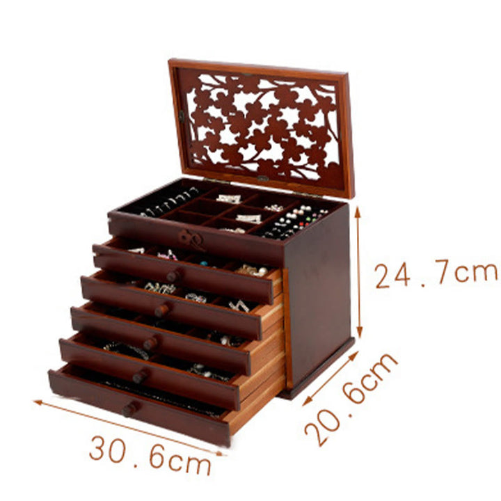 Buddha Stones Vintage Plum Blossom Carved Wooden Jewelry Box Six-Layer Jewelry Storage Box - image 7