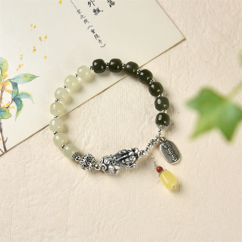Buddha Stones 925 Sterling Silver Natural Hetian Jade Amber PiXiu Luck Bracelet - image 3