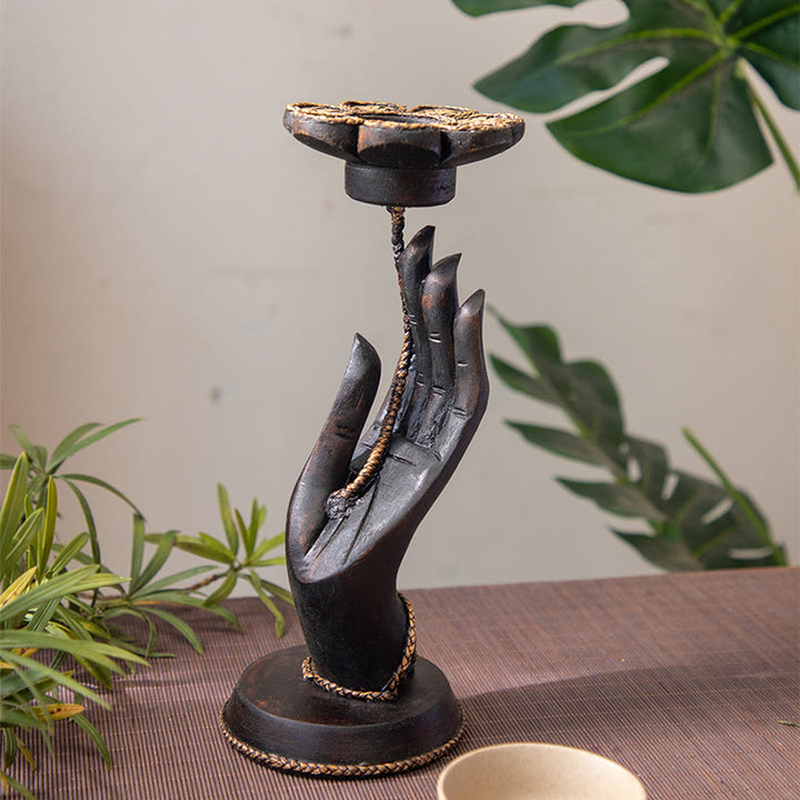 Buddha Stones Hand Pattern Wood Candlestick Home Candle Holder Decoration - image 2