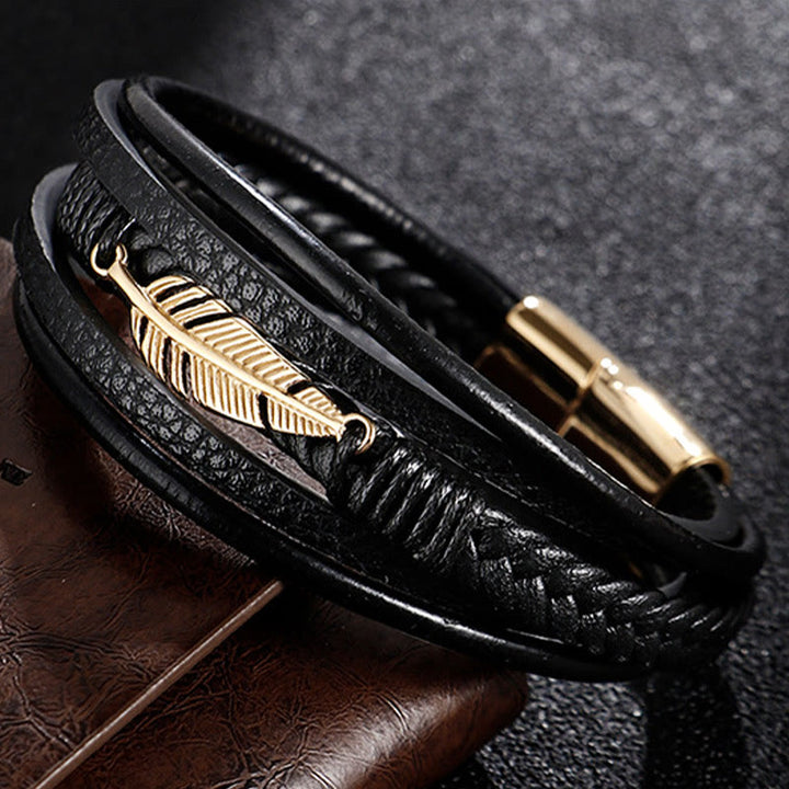 Buddha Stones Feather Pattern Multilayer Leather Titanium Steel Calm Braided Magnetic Buckle Bracelet - image 2