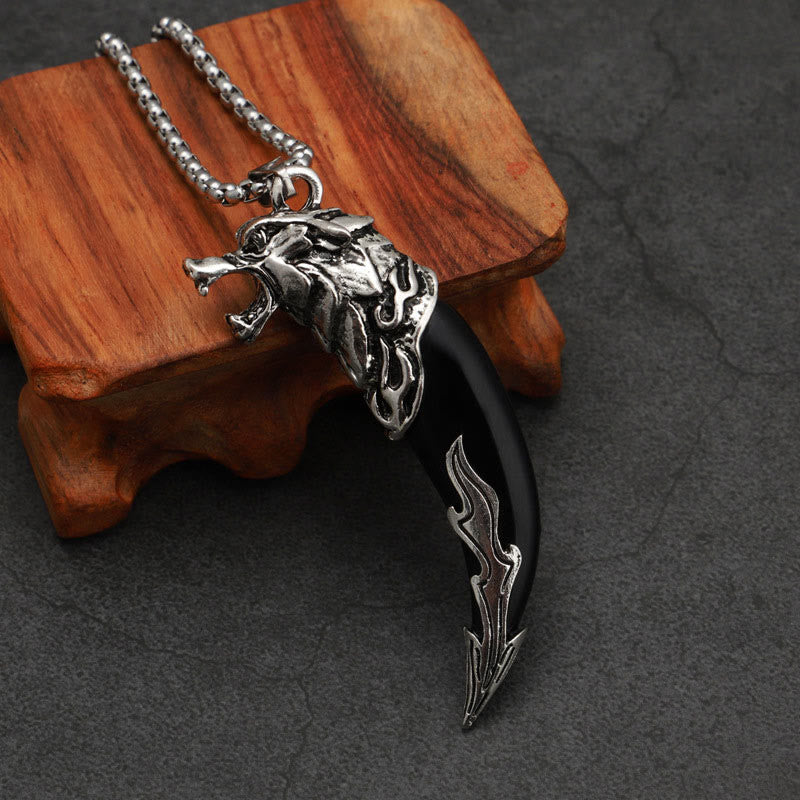 Buddha Stones Imitation Wolf Tooth Titanium Steel Balance Necklace Pendant - Black Imitation Wolf Tooth - Snake Bone Chain - image 6