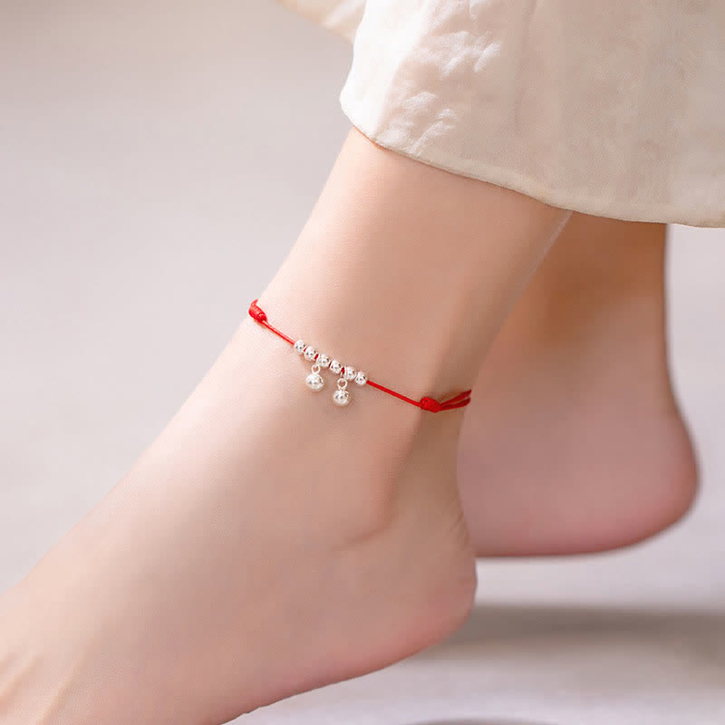 Buddha Stones 925 Sterling Silver Red String Braid Bell Charm Anklet - Red - image 0