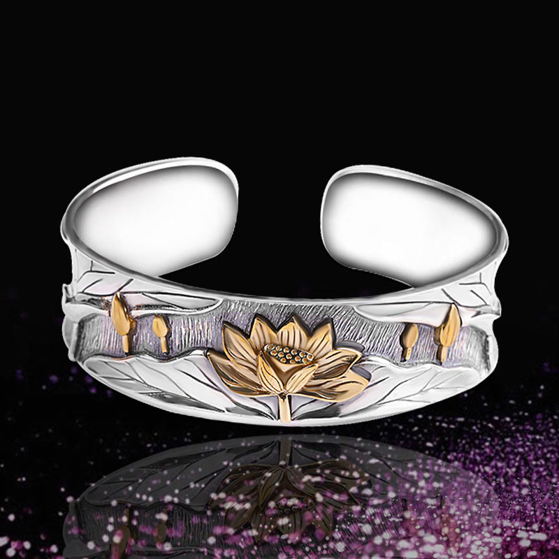Buddha Stones 925 Sterling Silver Lotus Flower Calm Bracelet Adjustable Bangle - image 12