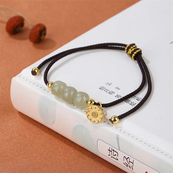 Buddha Stones Handmade Hetian Jade Bead Lotus Pod Prosperity Luck Braided Bracelet - Black Rope(Wrist Circumference 14-16cm) - image 5