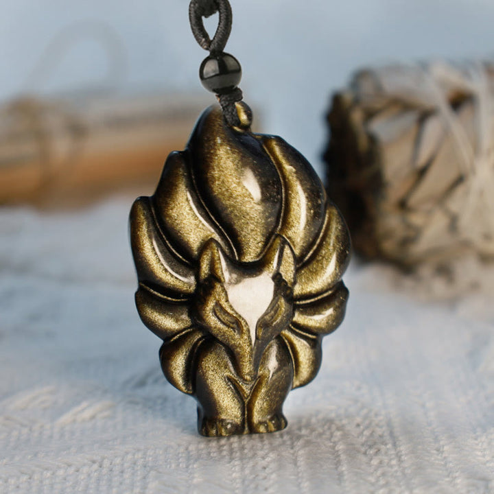 Buddha Stones Natural Fluorite Gold Sheen Obsidian Fox Pendant Protection Necklace - Gold Sheen Obsidian Nine-tailed Fox - image 6