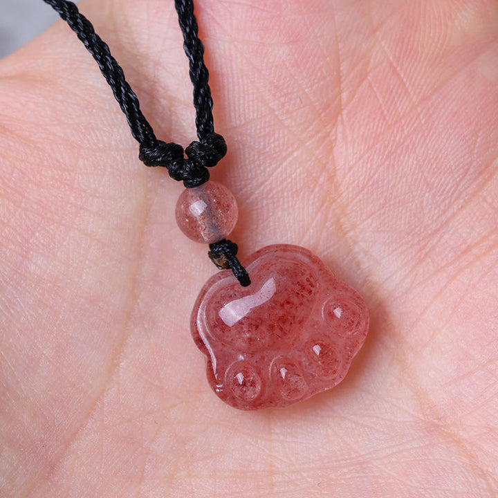 Buddha Stones Strawberry Quartz Lovely Cat Paw Claw Healing Necklace Pendant - image 3