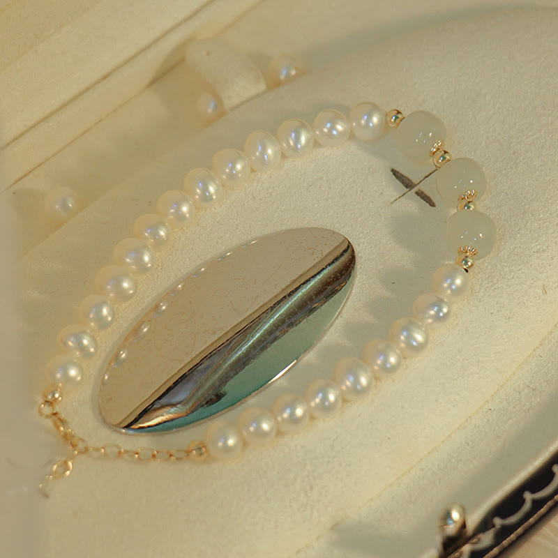 Buddha Stones 14K Gold Plated Natural Pearl Hetian Cyan Jade White Jade Sincerity Bead Chain Bracelet - image 20