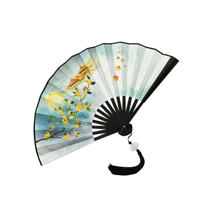 Buddha Stones Vintage Phoenix Nine Tailed Fox Flower Bamboo Tiger Handheld Folding Fan Lotus Tassel Fan - image 9