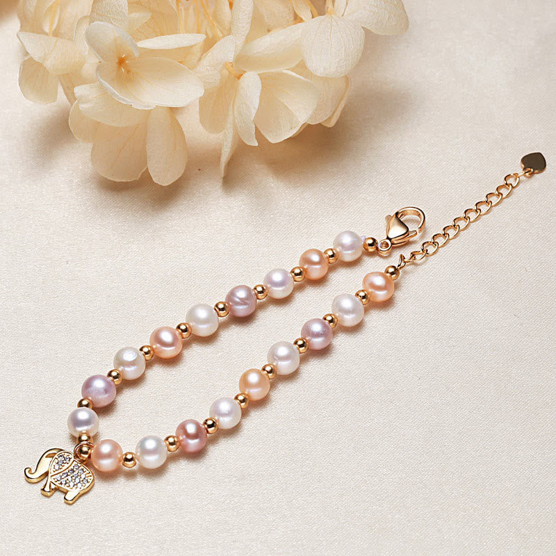 Buddha Stones 18K Gold Plated Pearl Elephant Zircon Charm Sincerity Bracelet - image 3