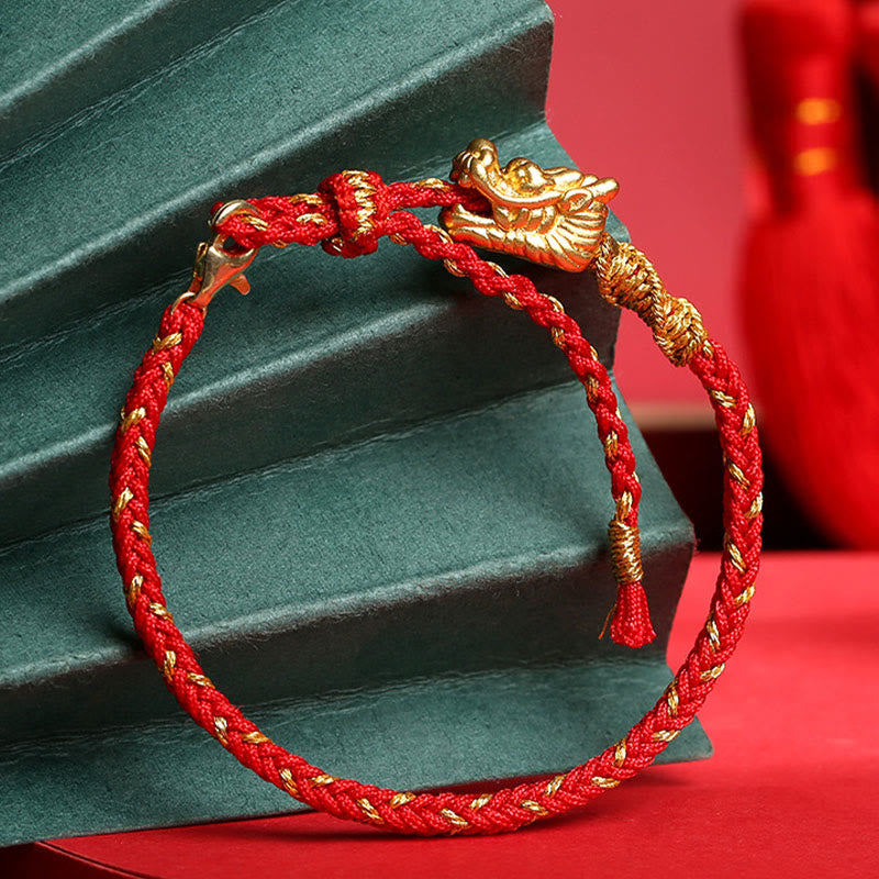 Buddha Stones 999 Sterling Silver Handcrafted Dragon Luck Eight Thread Knot Red String Braided Bracelet - image 0